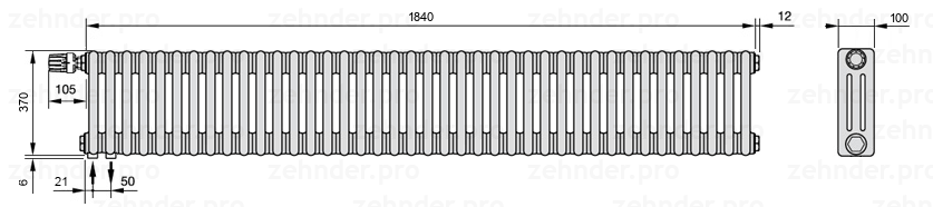 Схема (чертеж) Радиатор Zehnder Charleston 3037/40 №V001 Белый глянцевый RAL 9016